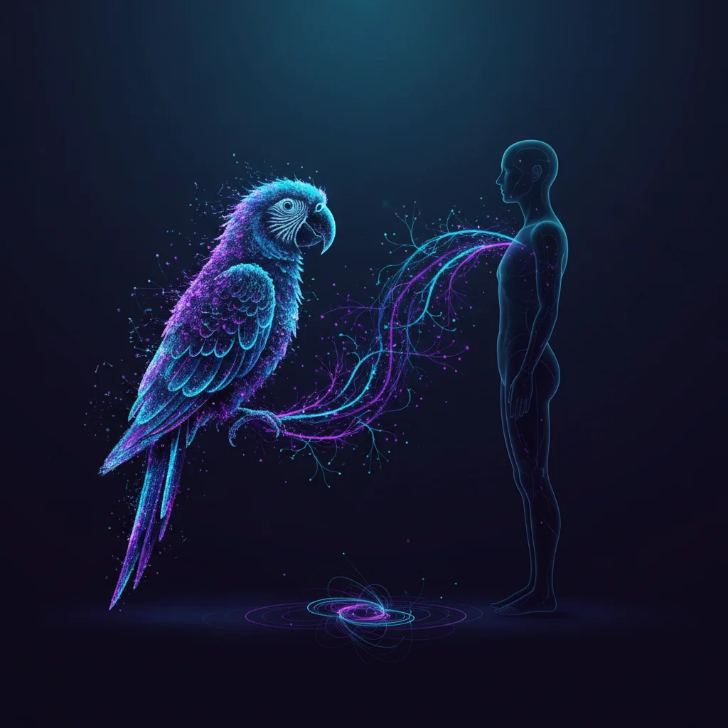 Split visualization showing a parrot versus abstract neural patterns, representing the debate about AI comprehension